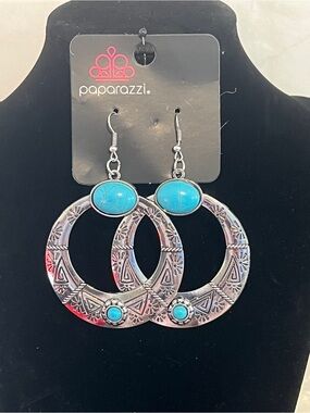 Paparazzi Turquoise Silver Hoop Dangle Earrings